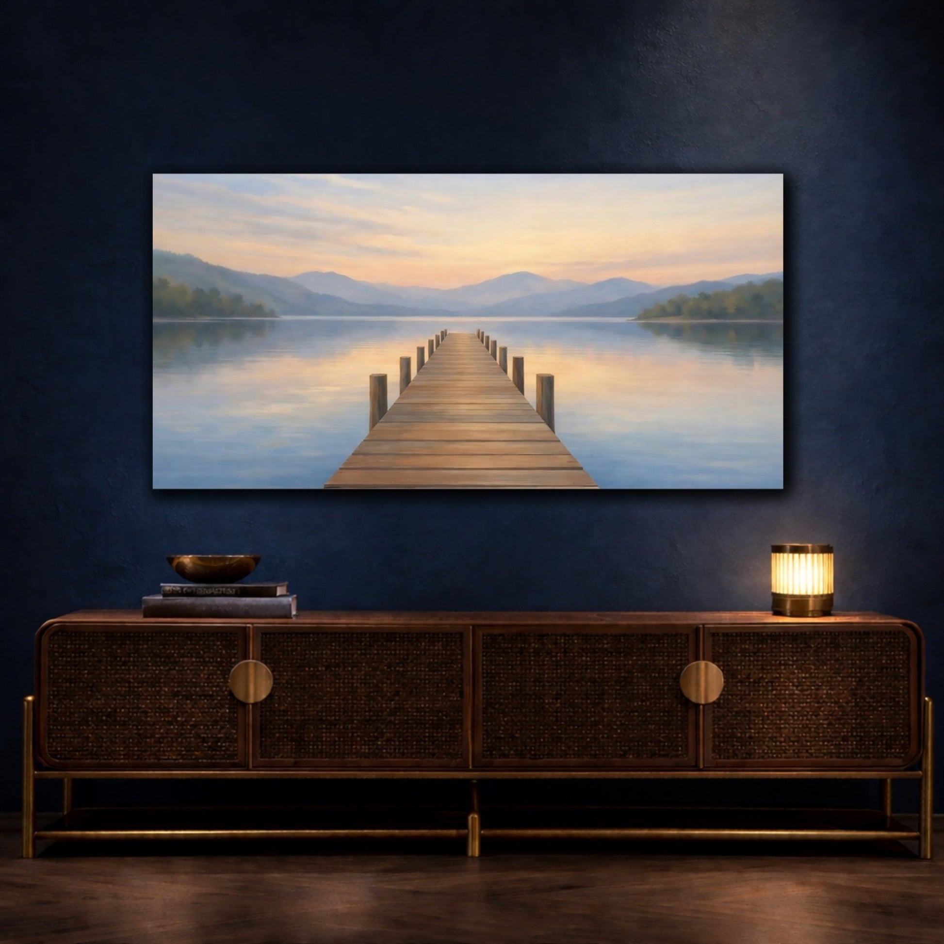 Nature Lake Dock Blue Orange Landscape - Canvas Wall Art Print - YesArtYes