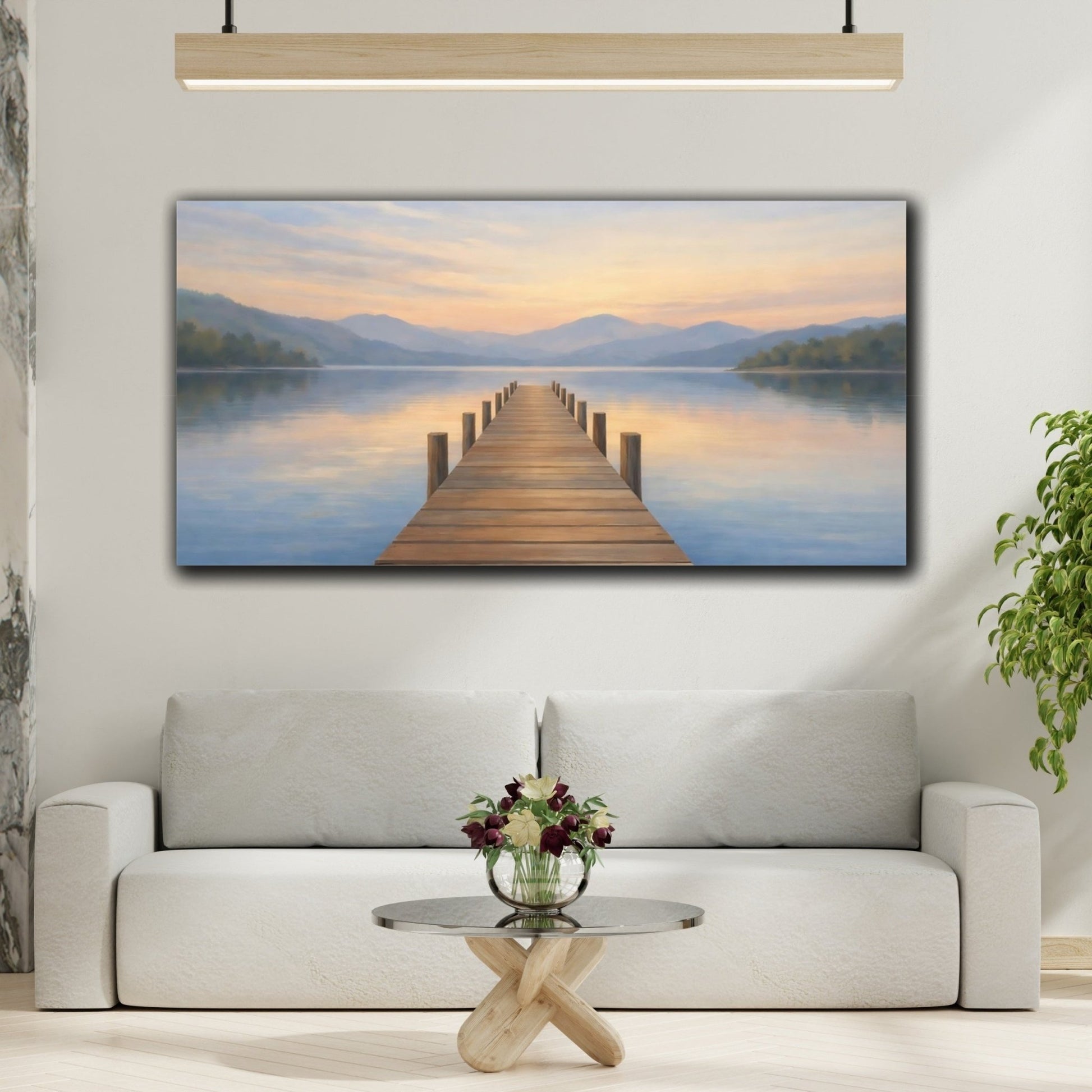 Nature Lake Dock Blue Orange Landscape - Canvas Wall Art Print - YesArtYes