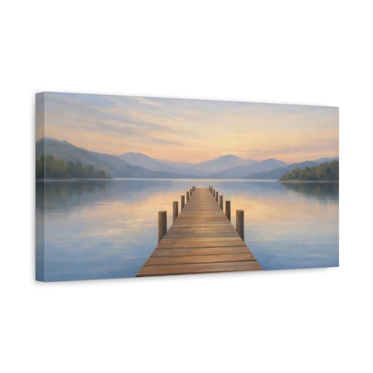 Nature Lake Dock Blue Orange Landscape - Canvas Wall Art Print - YesArtYes