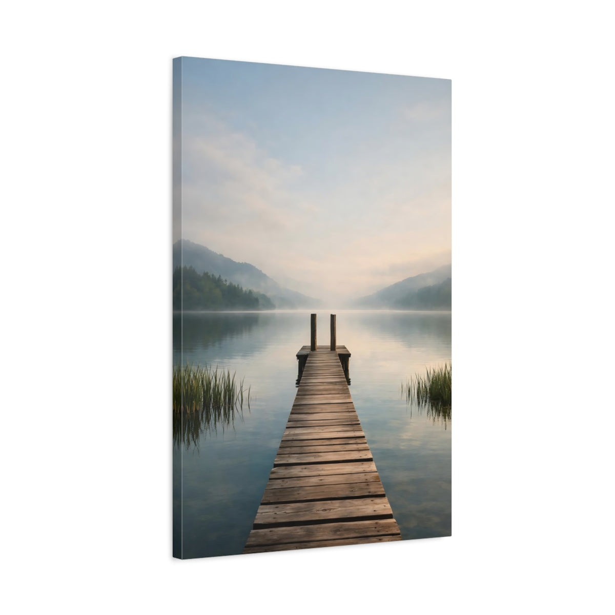 Side Mockup 2. Nature Lake Dock Misty Lake Dock shown as stretched canvas wall art