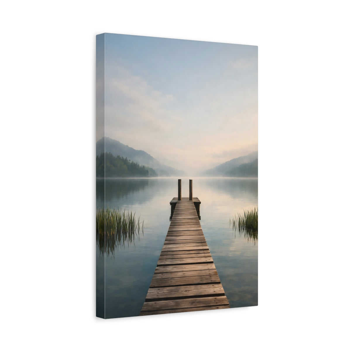 Side Mockup 4. Nature Lake Dock Misty Lake Dock shown as stretched canvas wall art
