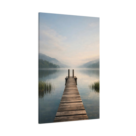 Main Mockup. Nature Lake Dock Misty Lake Dock shown as stretched canvas wall art