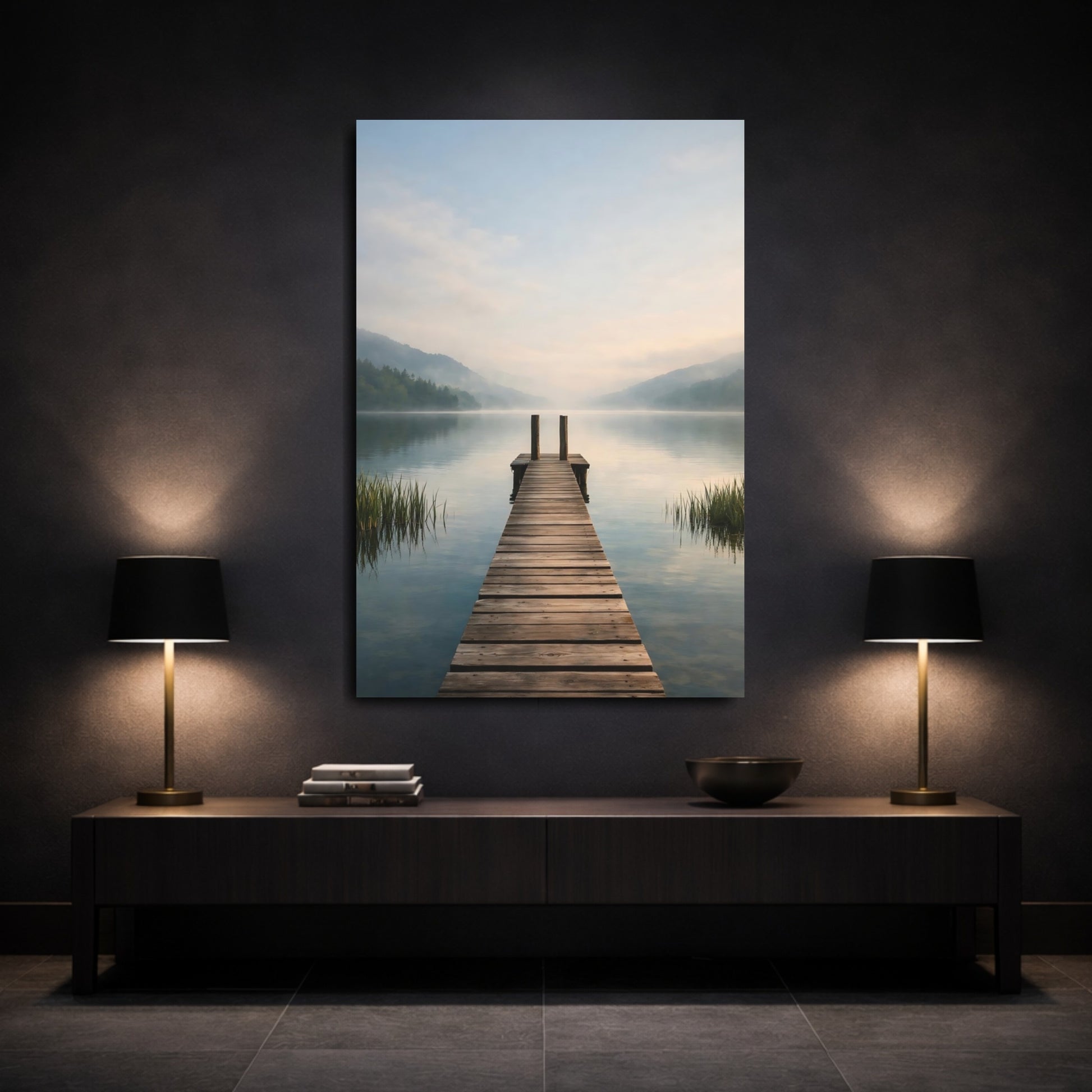 Mockup 2. Nature Lake Dock Misty Lake Dock shown as stretched canvas wall art