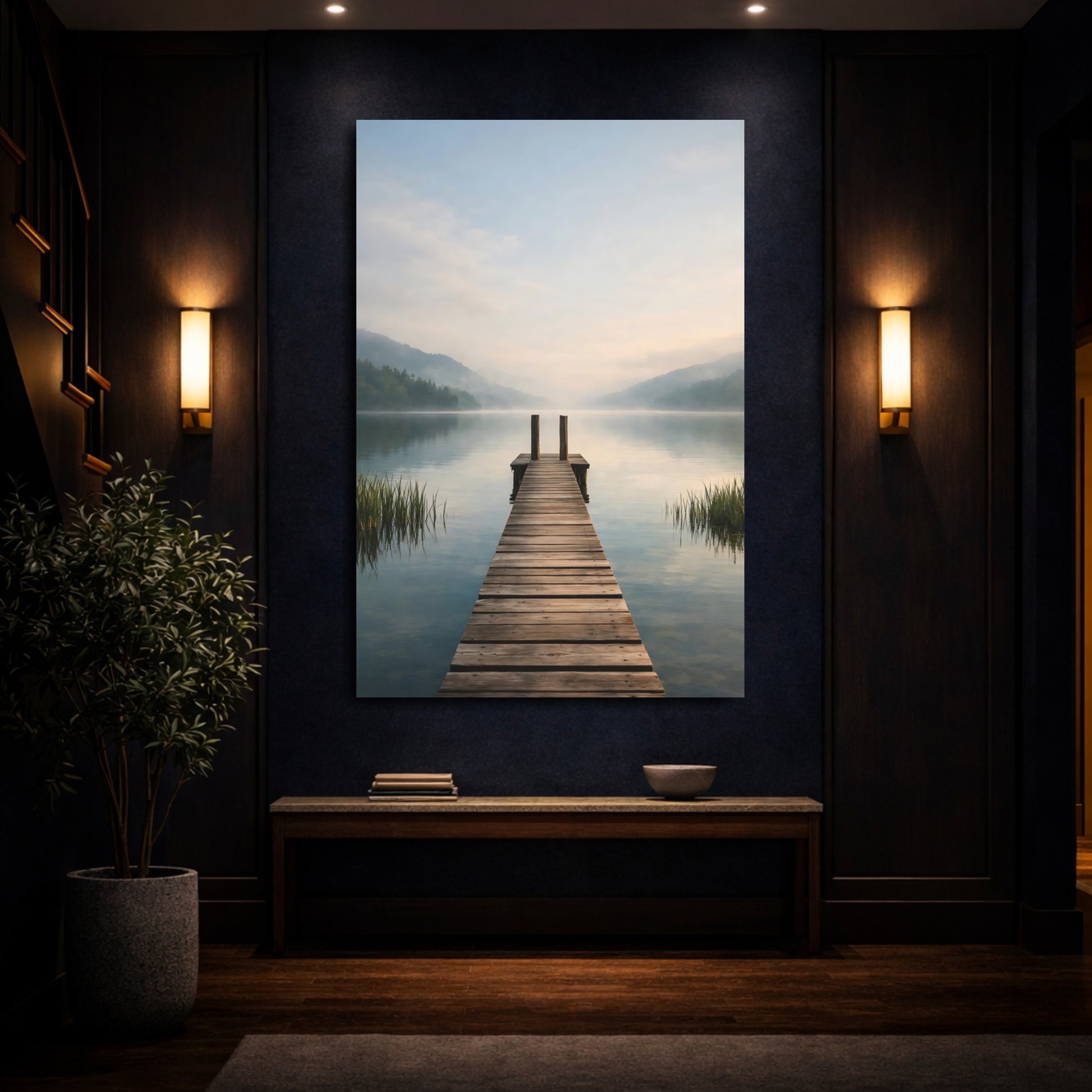 Mockup 3. Nature Lake Dock Misty Lake Dock shown as stretched canvas wall art