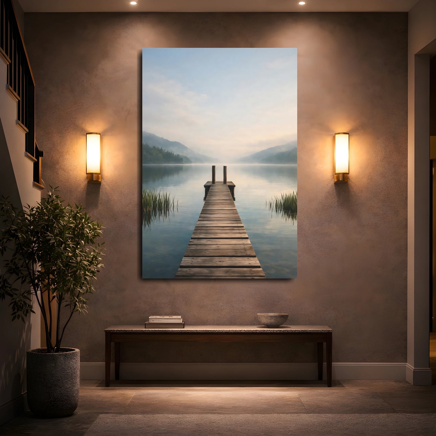 Mockup 4. Nature Lake Dock Misty Lake Dock shown as stretched canvas wall art