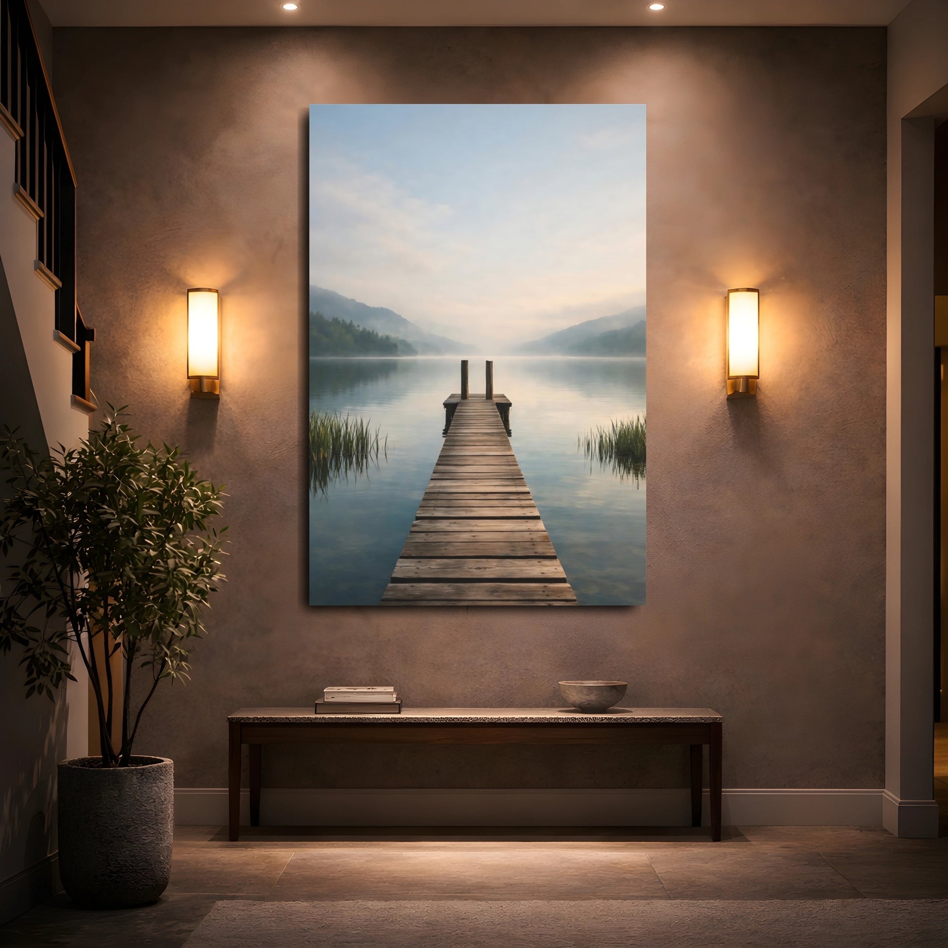 Mockup 4. Nature Lake Dock Misty Lake Dock shown as stretched canvas wall art