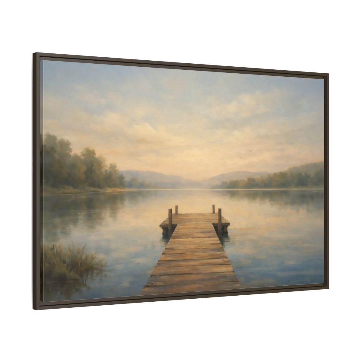 Main Mockup. Nature Lake Dock Misty Lake Sunrise shown as stretched canvas wall art