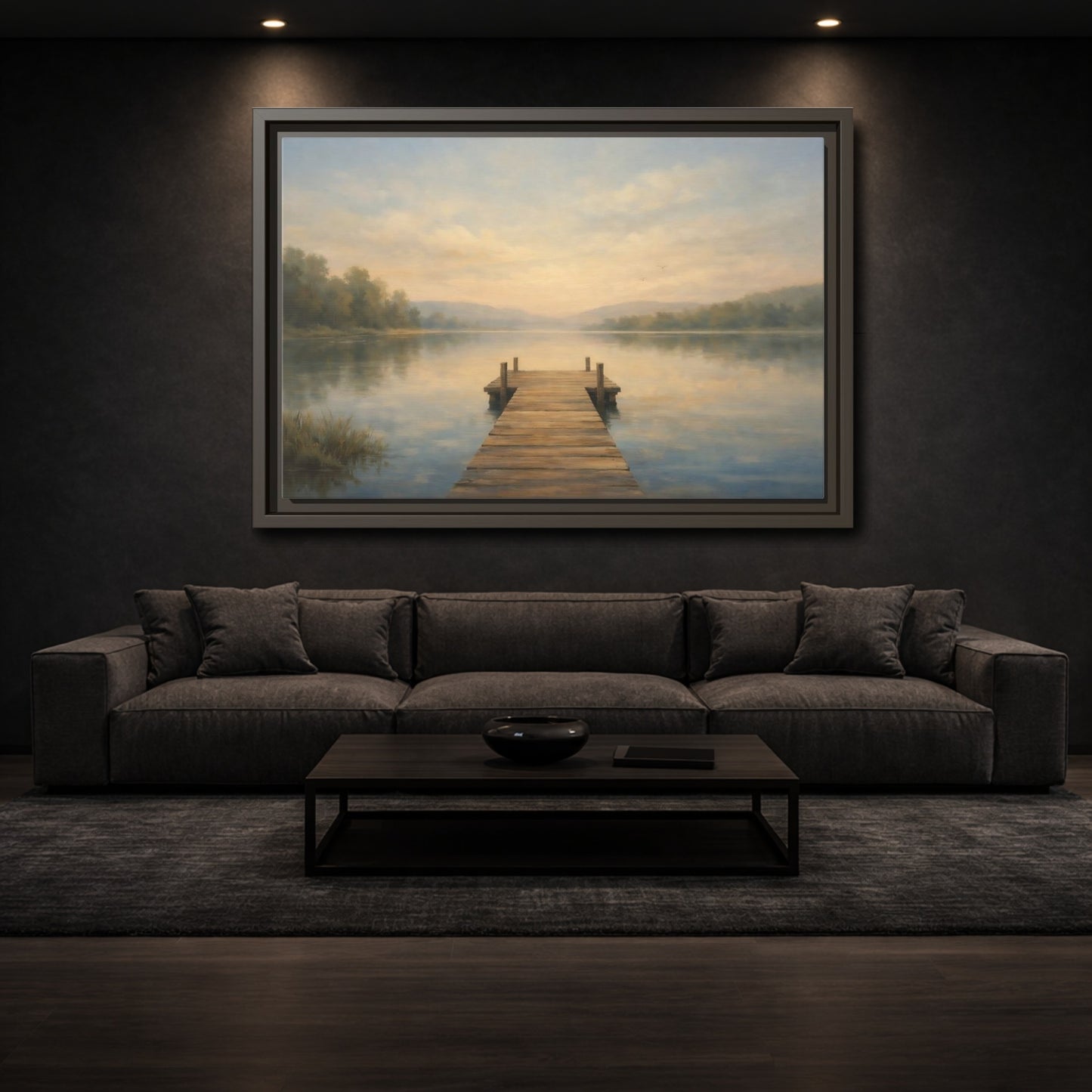 Mockup 2. Nature Lake Dock Misty Lake Sunrise shown as stretched canvas wall art