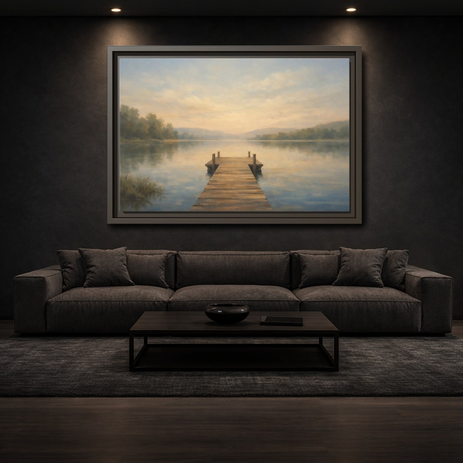 Mockup 2. Nature Lake Dock Misty Lake Sunrise shown as stretched canvas wall art