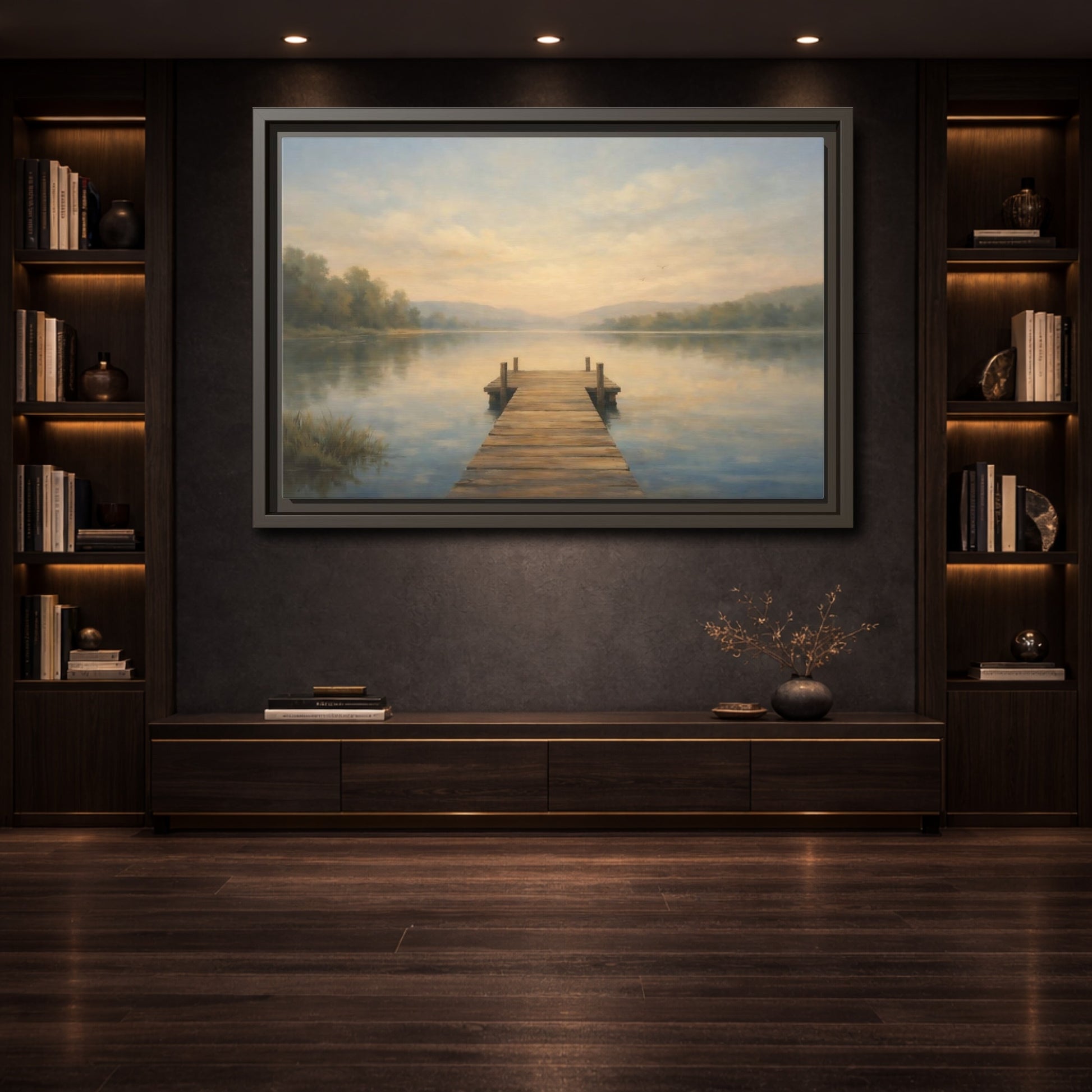 Mockup 3. Nature Lake Dock Misty Lake Sunrise shown as stretched canvas wall art