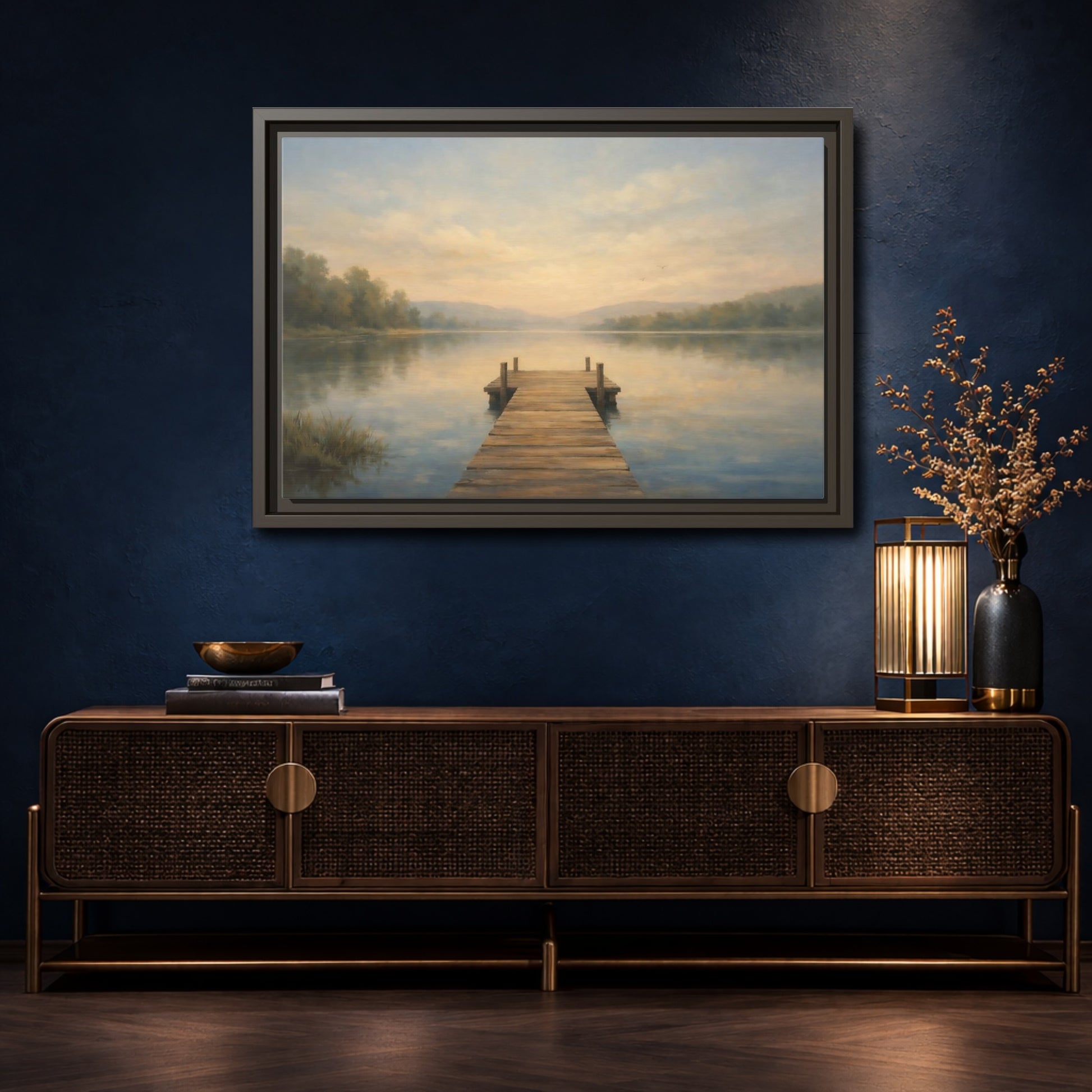 Mockup 4. Nature Lake Dock Misty Lake Sunrise shown as stretched canvas wall art