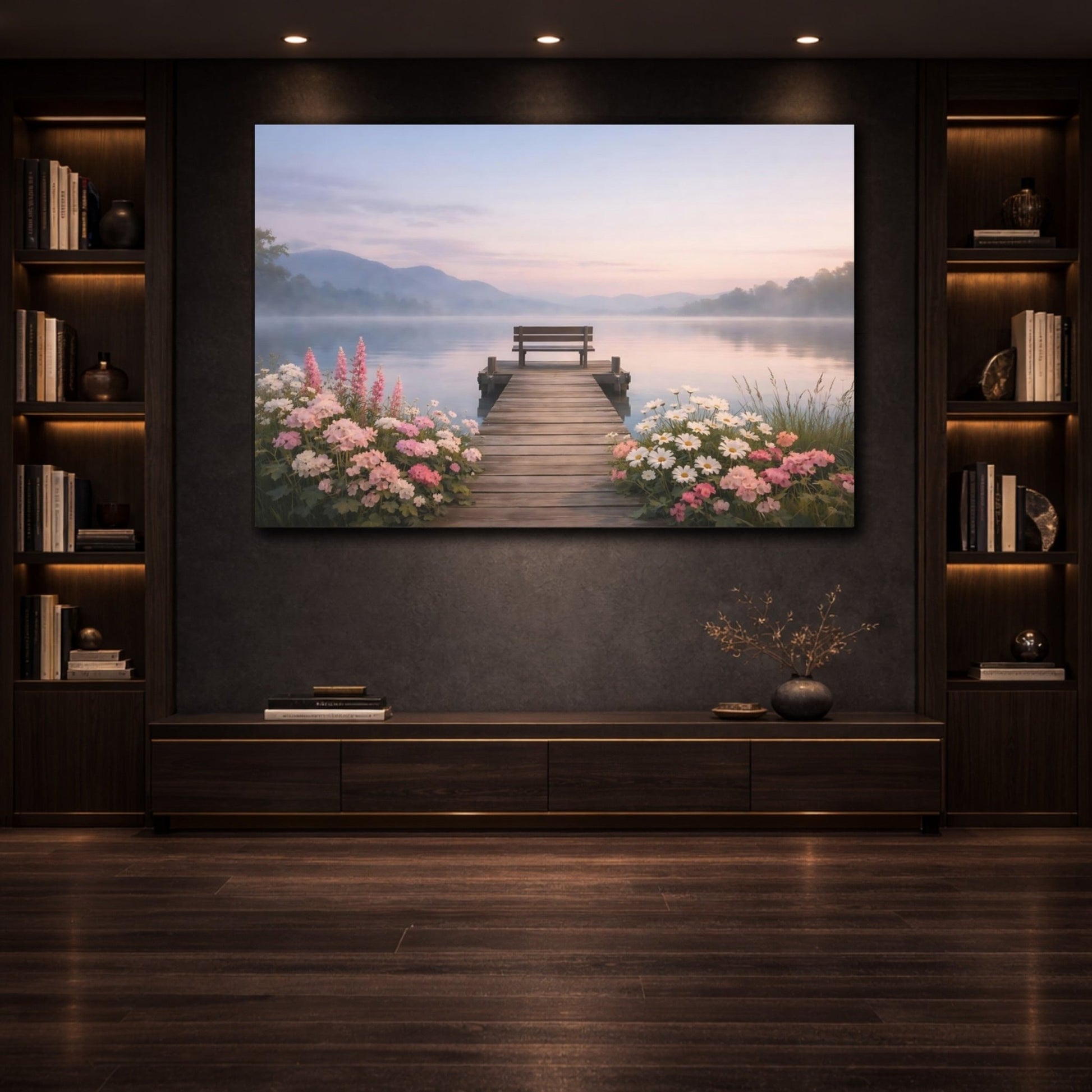 Nature Lake Dock Misty Pastel - Canvas Wall Art Print - YesArtYes