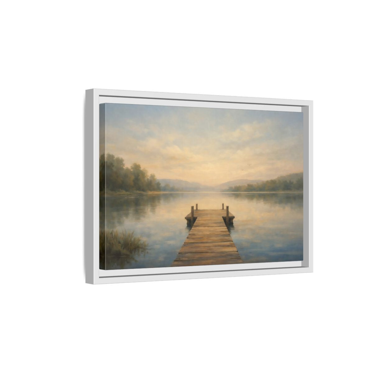 Side Mockup 4. Nature Lake Dock Misty Lake Sunrise shown as stretched canvas wall art