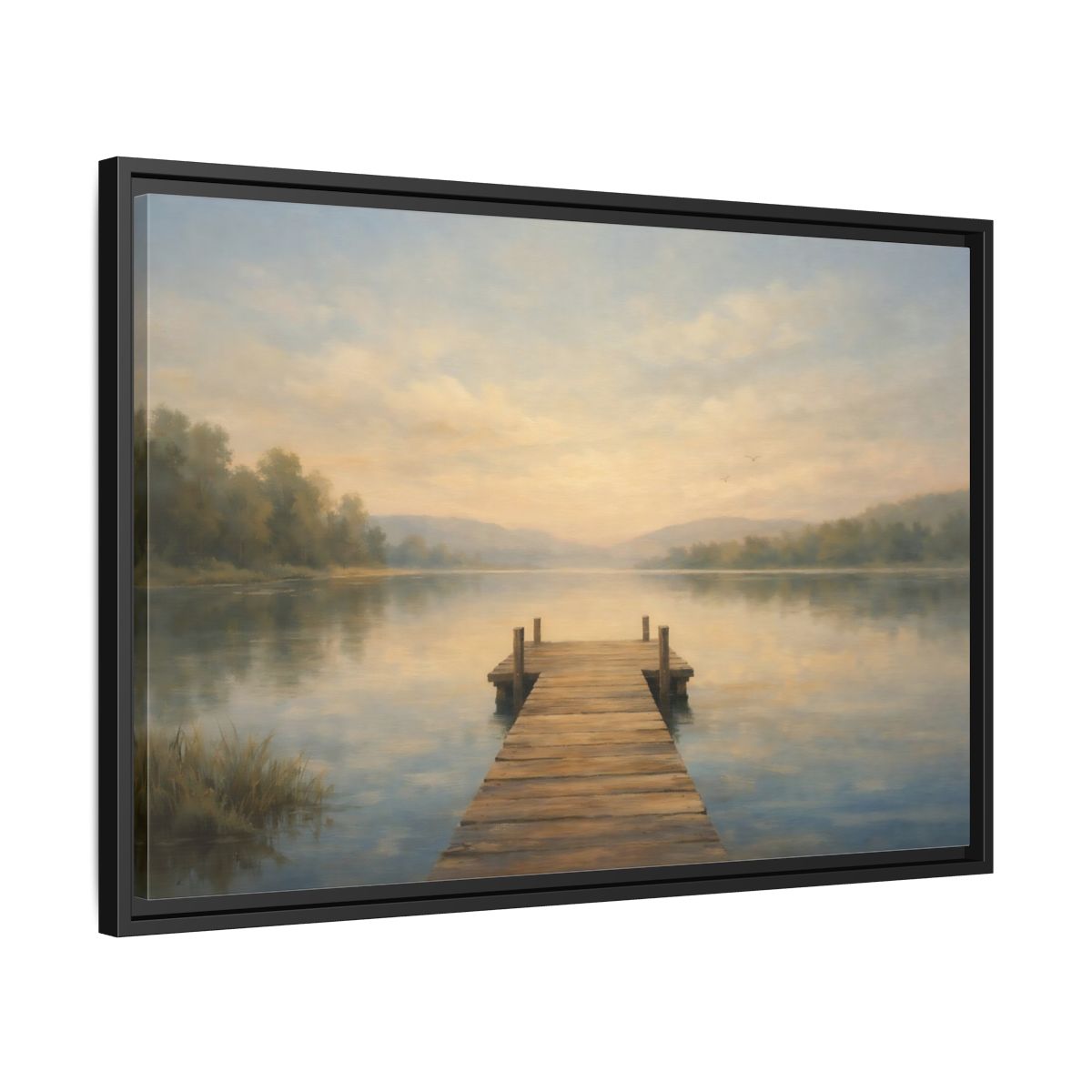 Side Mockup 14. Nature Lake Dock Misty Lake Sunrise shown as stretched canvas wall art