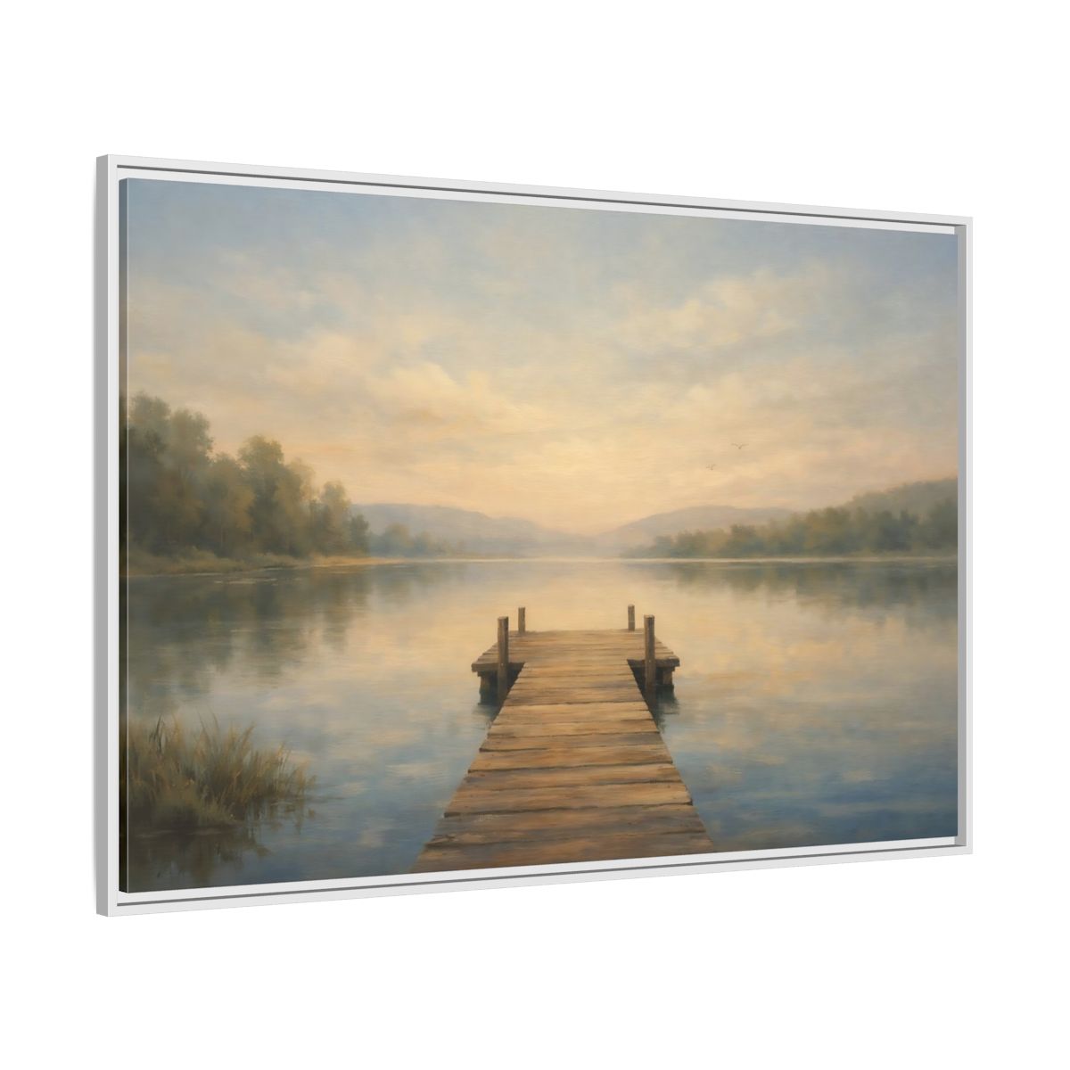 Side Mockup 7. Nature Lake Dock Misty Lake Sunrise shown as stretched canvas wall art