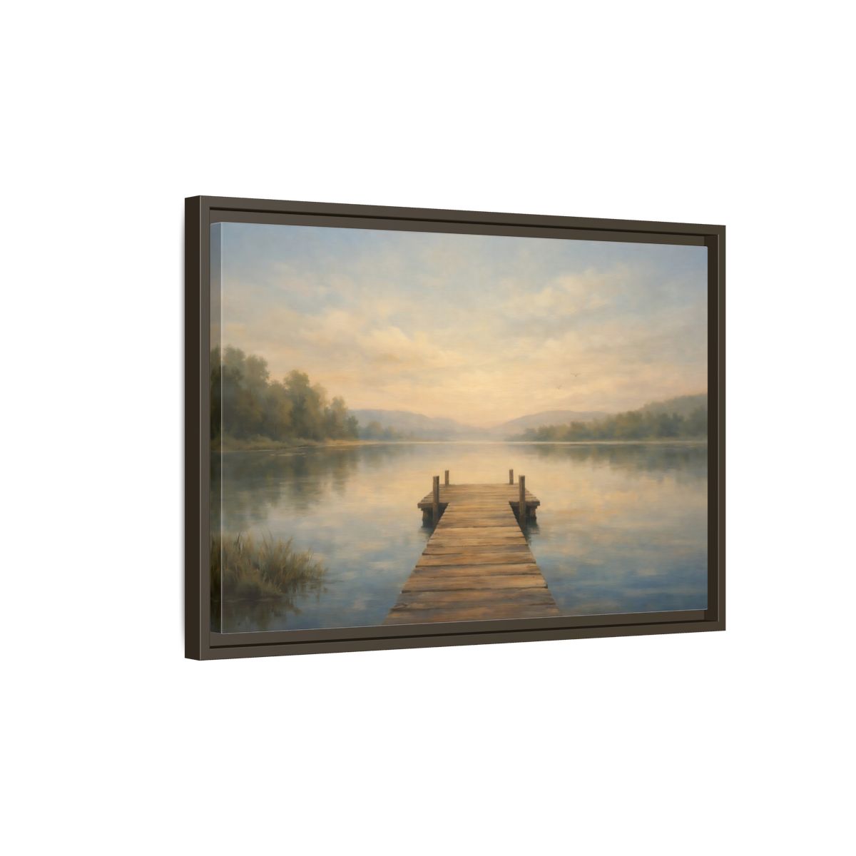 Side Mockup 2. Nature Lake Dock Misty Lake Sunrise shown as stretched canvas wall art