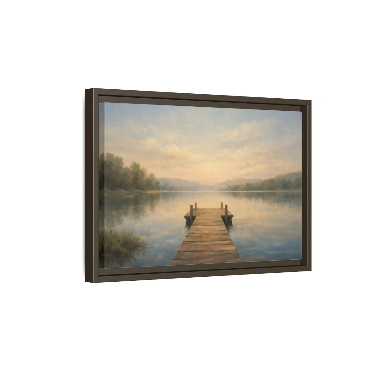 Side Mockup 5. Nature Lake Dock Misty Lake Sunrise shown as stretched canvas wall art