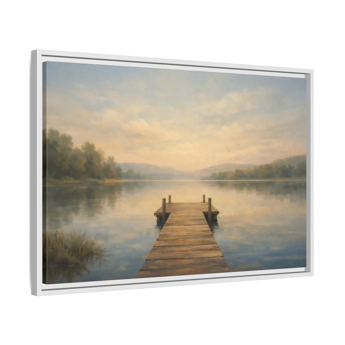 Side Mockup 10. Nature Lake Dock Misty Lake Sunrise shown as stretched canvas wall art
