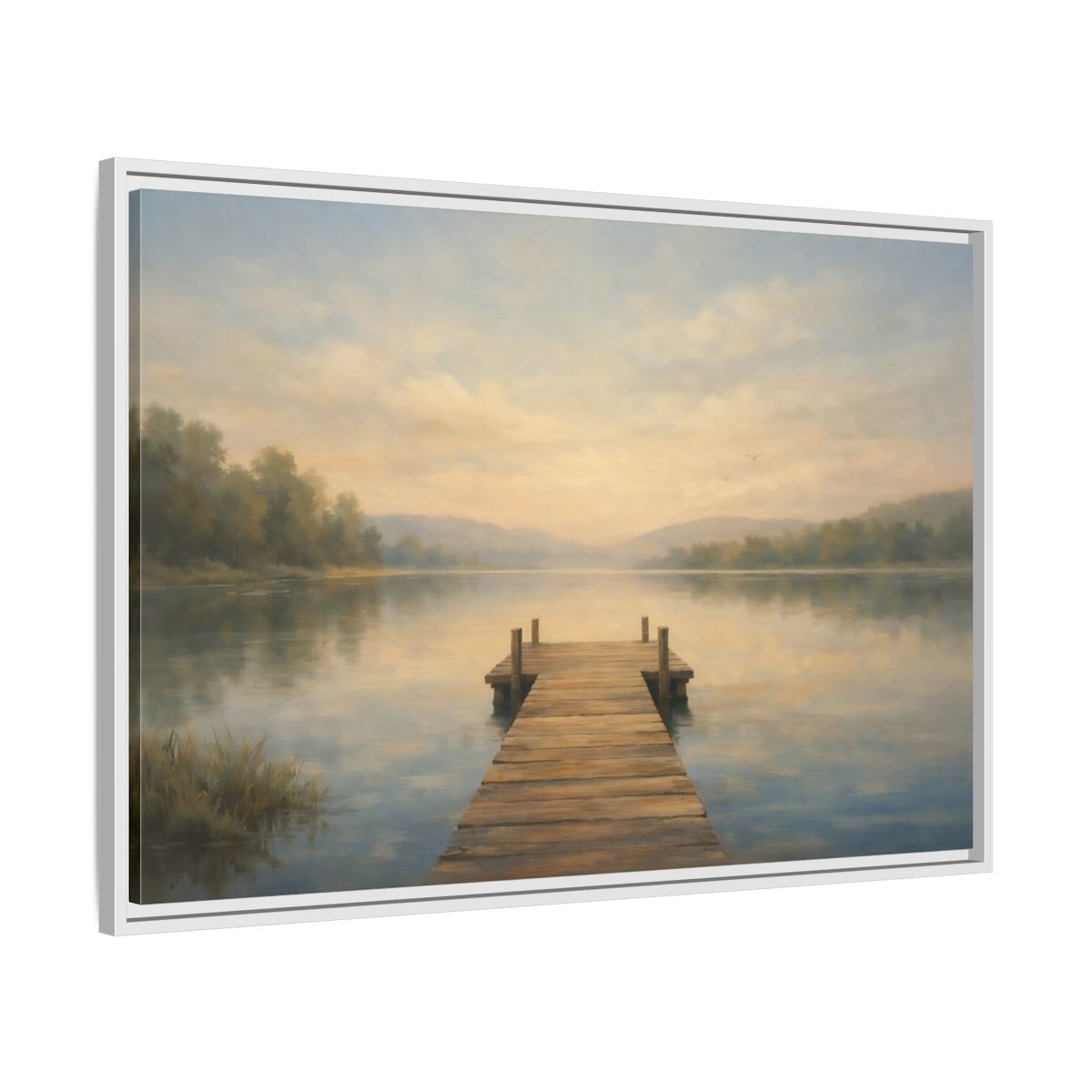 Side Mockup 8. Nature Lake Dock Misty Lake Sunrise shown as stretched canvas wall art