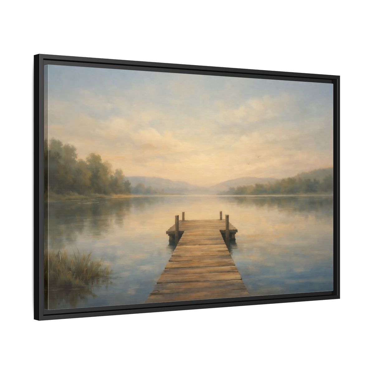 Side Mockup 13. Nature Lake Dock Misty Lake Sunrise shown as stretched canvas wall art