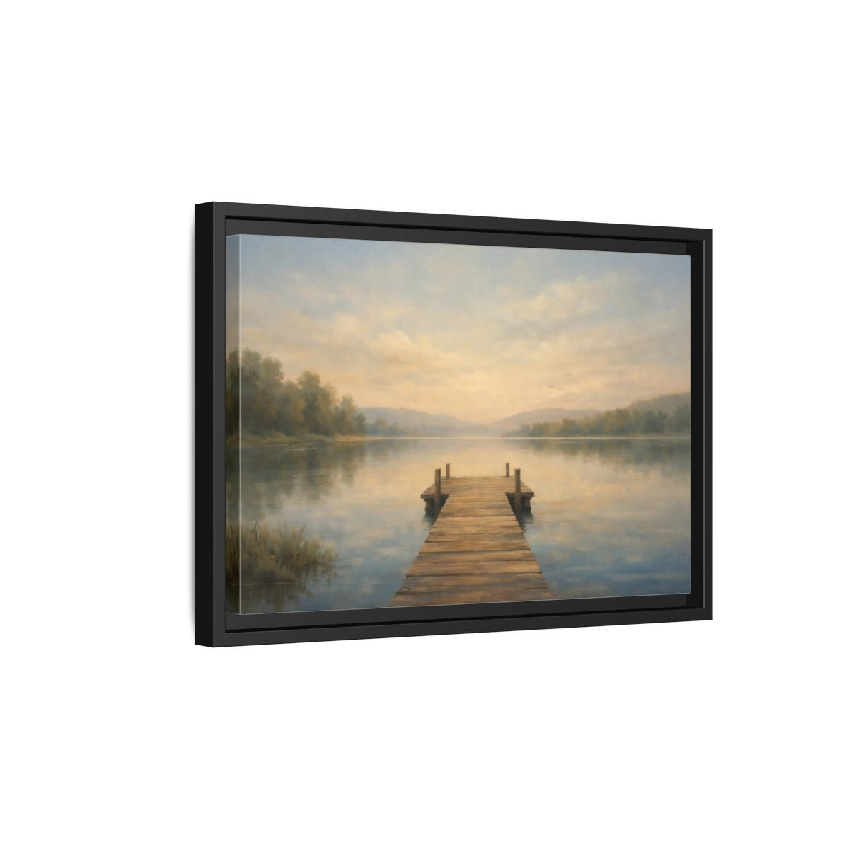 Side Mockup 6. Nature Lake Dock Misty Lake Sunrise shown as stretched canvas wall art