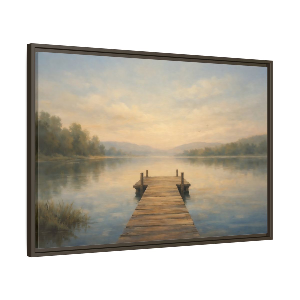 Side Mockup 9. Nature Lake Dock Misty Lake Sunrise shown as stretched canvas wall art