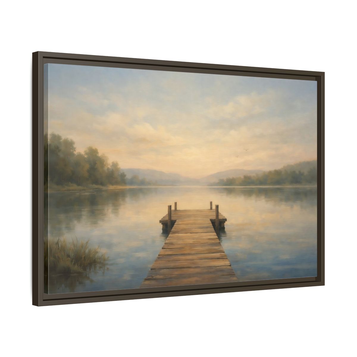 Side Mockup 11. Nature Lake Dock Misty Lake Sunrise shown as stretched canvas wall art
