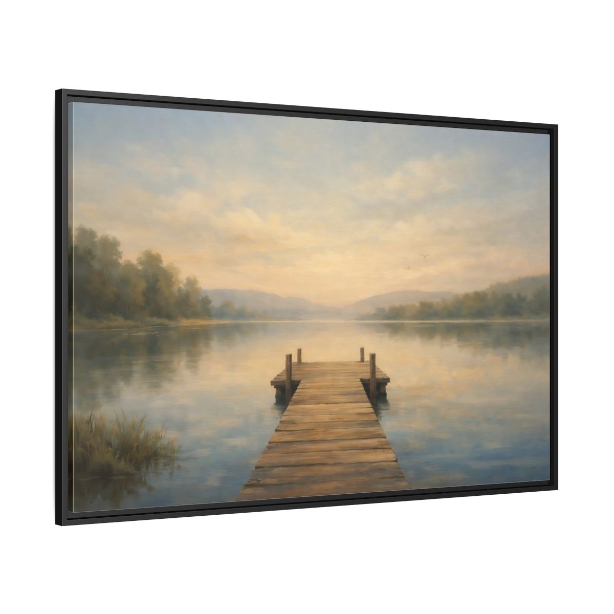 Side Mockup 12. Nature Lake Dock Misty Lake Sunrise shown as stretched canvas wall art