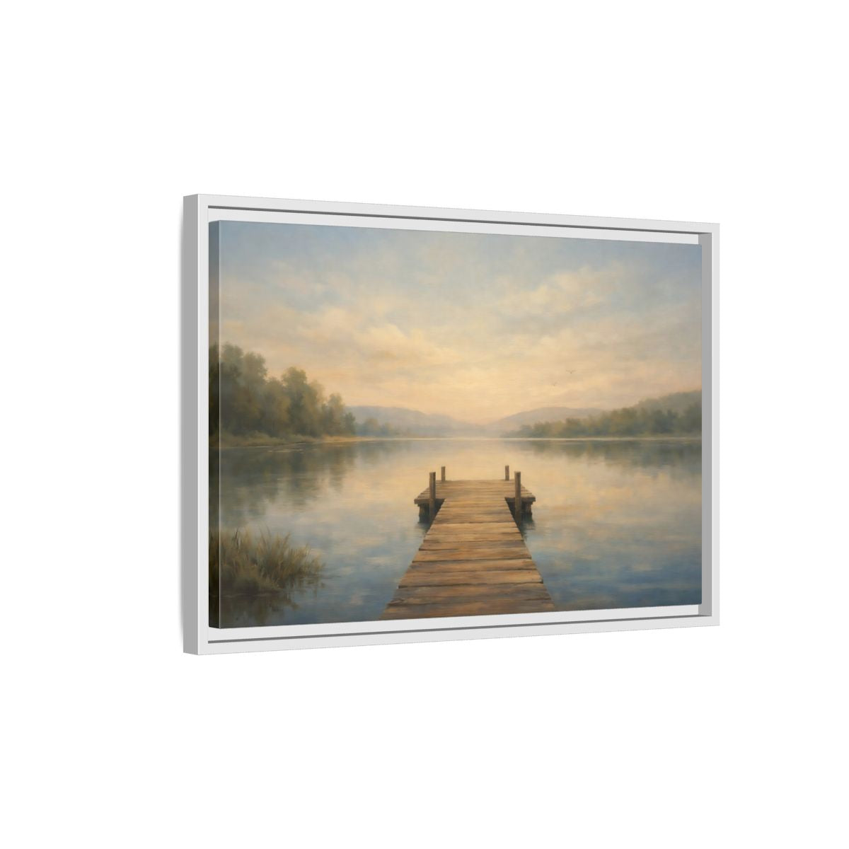 Side Mockup 1. Nature Lake Dock Misty Lake Sunrise shown as stretched canvas wall art