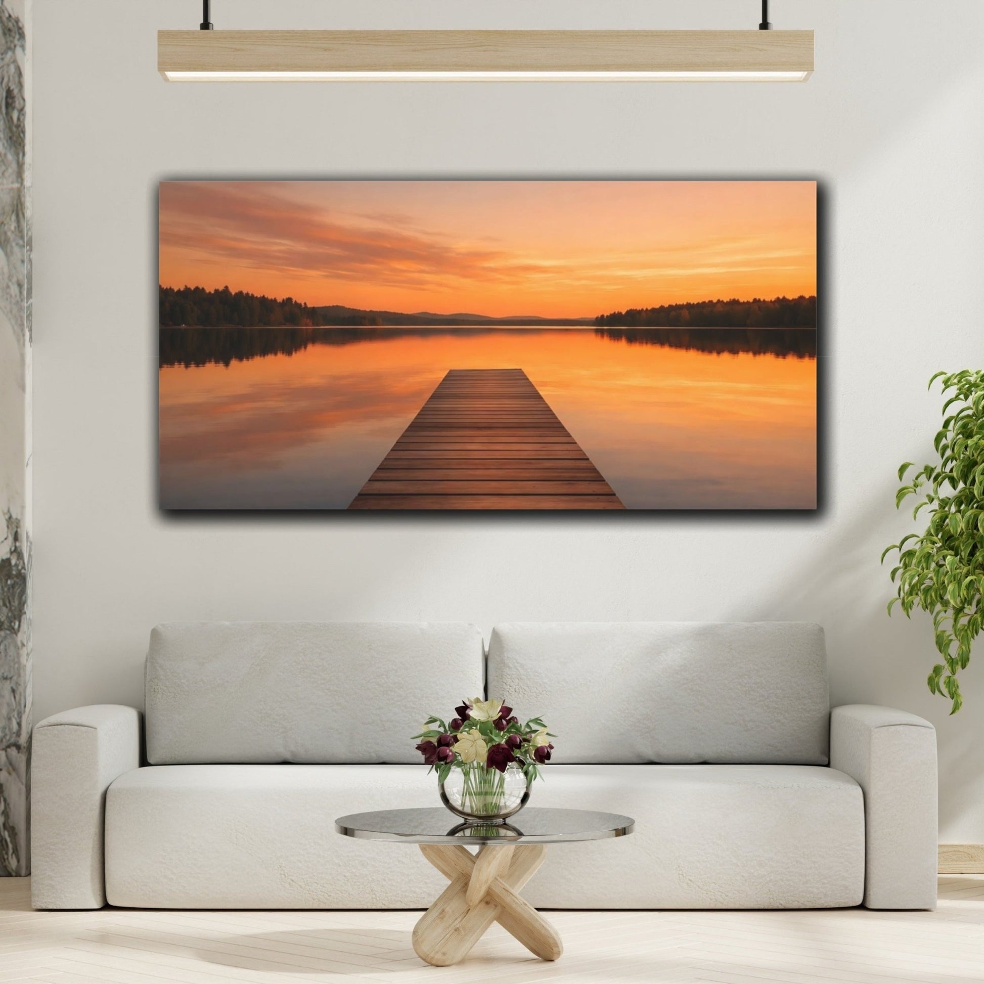 Nature Lake Dock Orange Sunset - Canvas Wall Art Print - YesArtYes