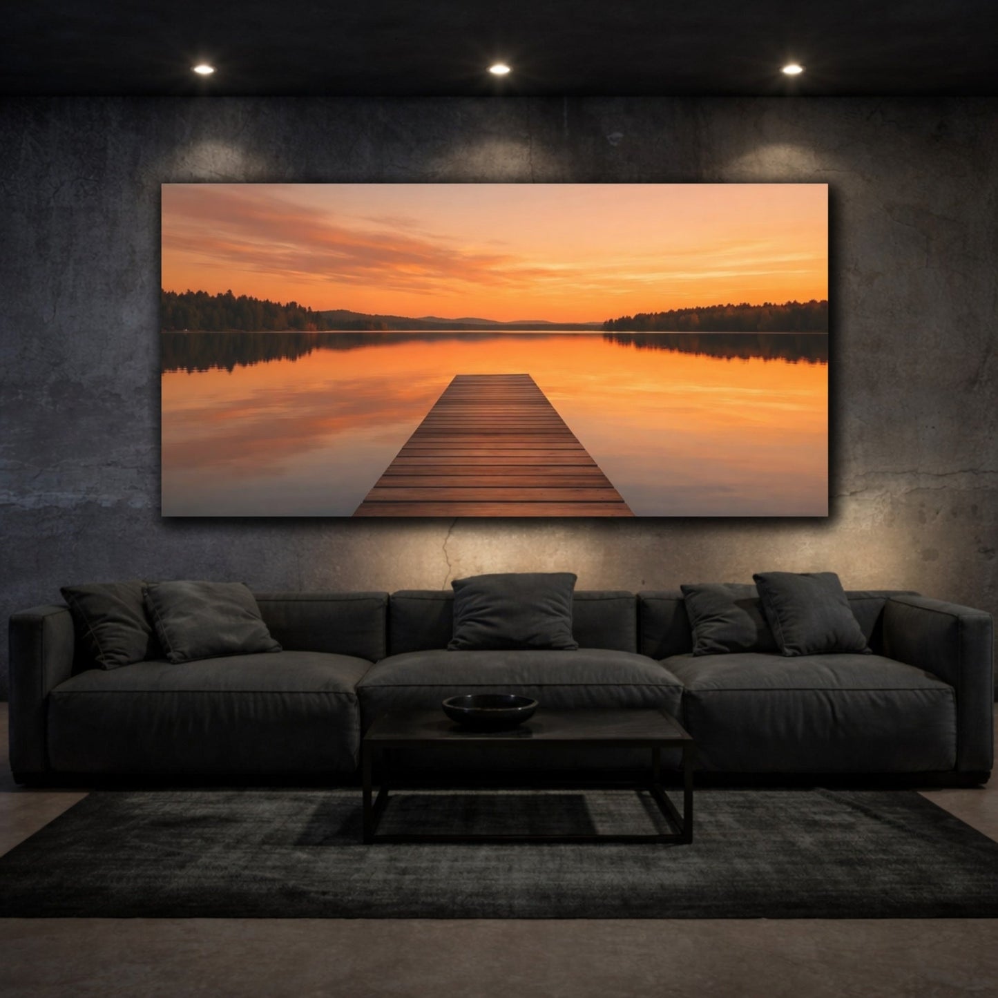 Nature Lake Dock Orange Sunset - Canvas Wall Art Print - YesArtYes