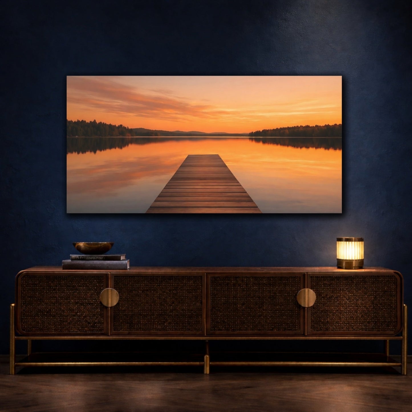 Nature Lake Dock Orange Sunset - Canvas Wall Art Print - YesArtYes