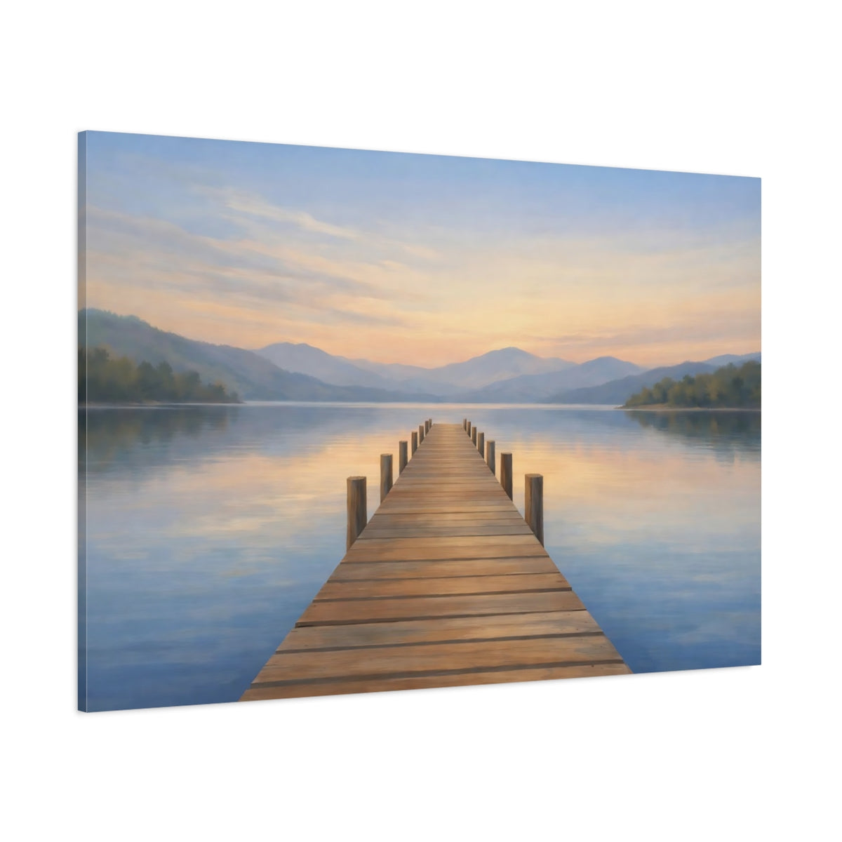 Side Mockup 1. Nature Lake Dock Pastel Lake Dock shown as stretched canvas wall art