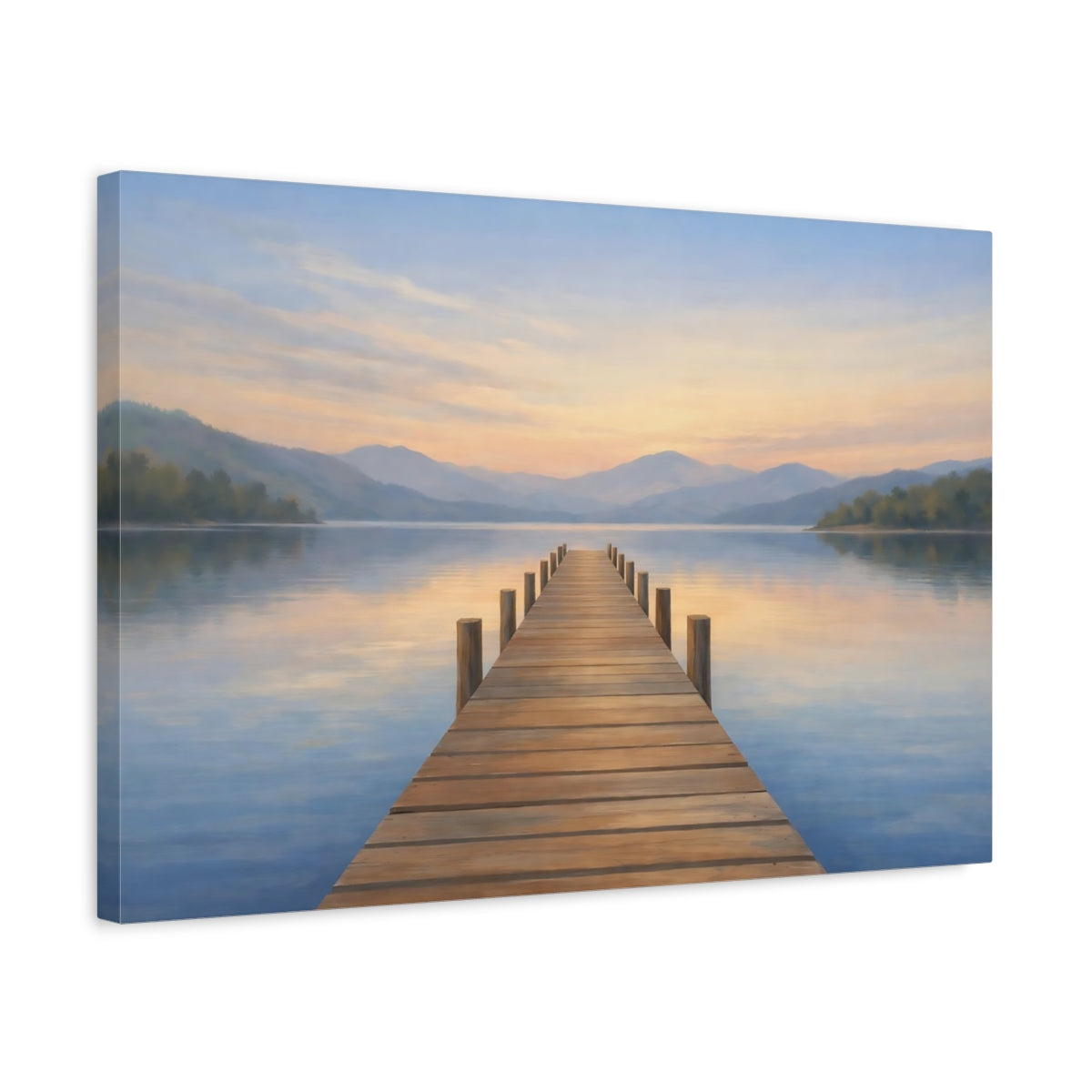 Side Mockup 3. Nature Lake Dock Pastel Lake Dock shown as stretched canvas wall art