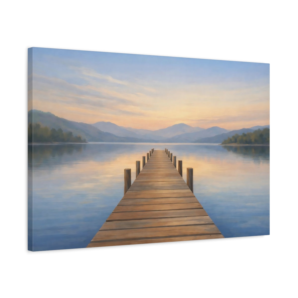 Side Mockup 2. Nature Lake Dock Pastel Lake Dock shown as stretched canvas wall art