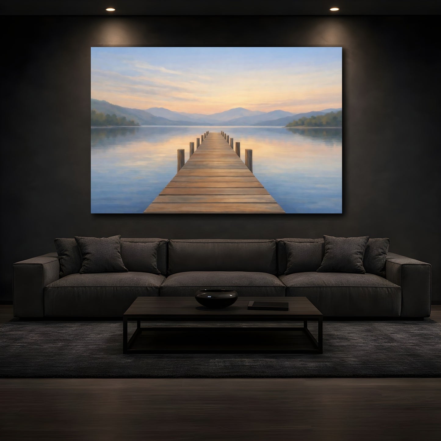 Mockup 2. Nature Lake Dock Pastel Lake Dock shown as stretched canvas wall art