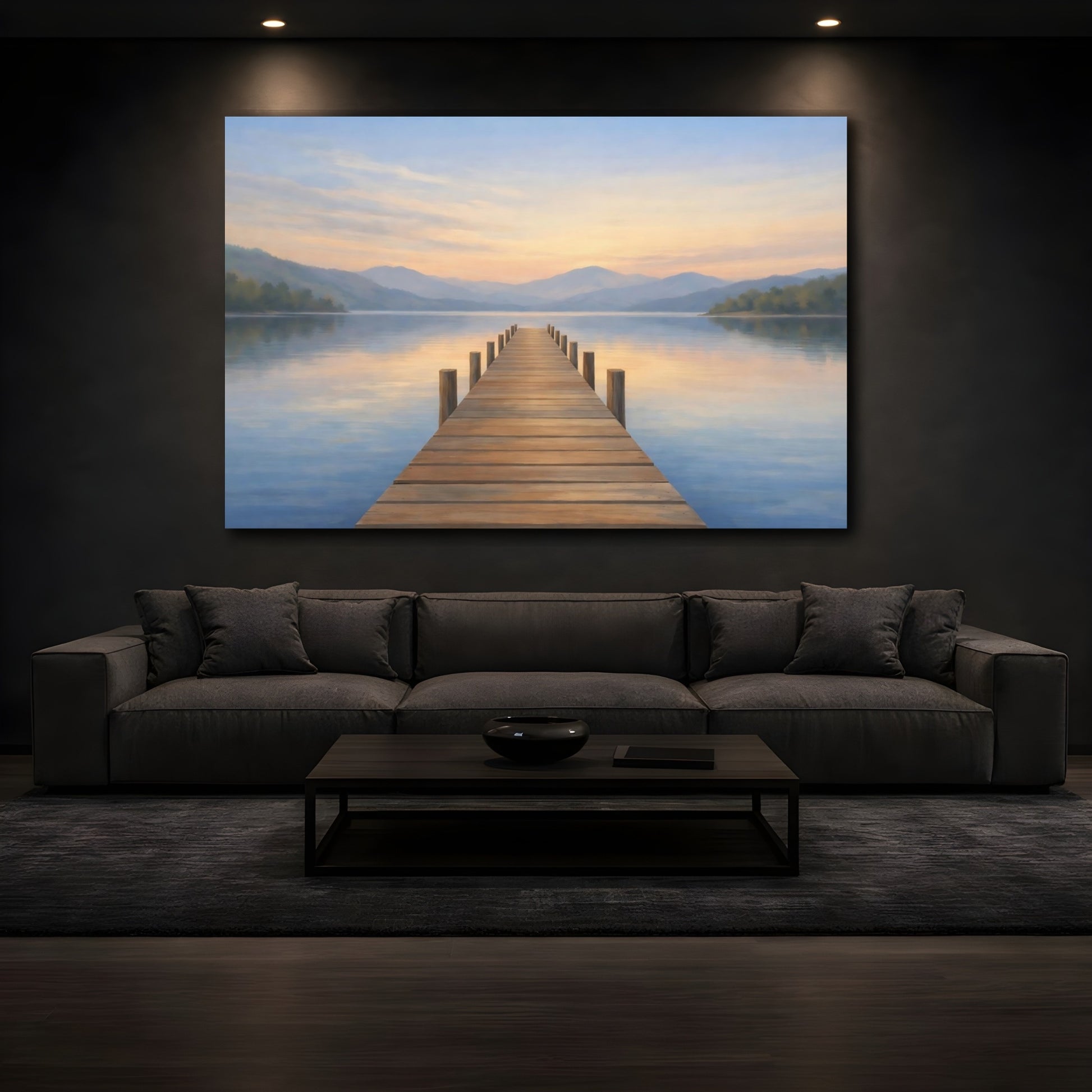 Mockup 2. Nature Lake Dock Pastel Lake Dock shown as stretched canvas wall art