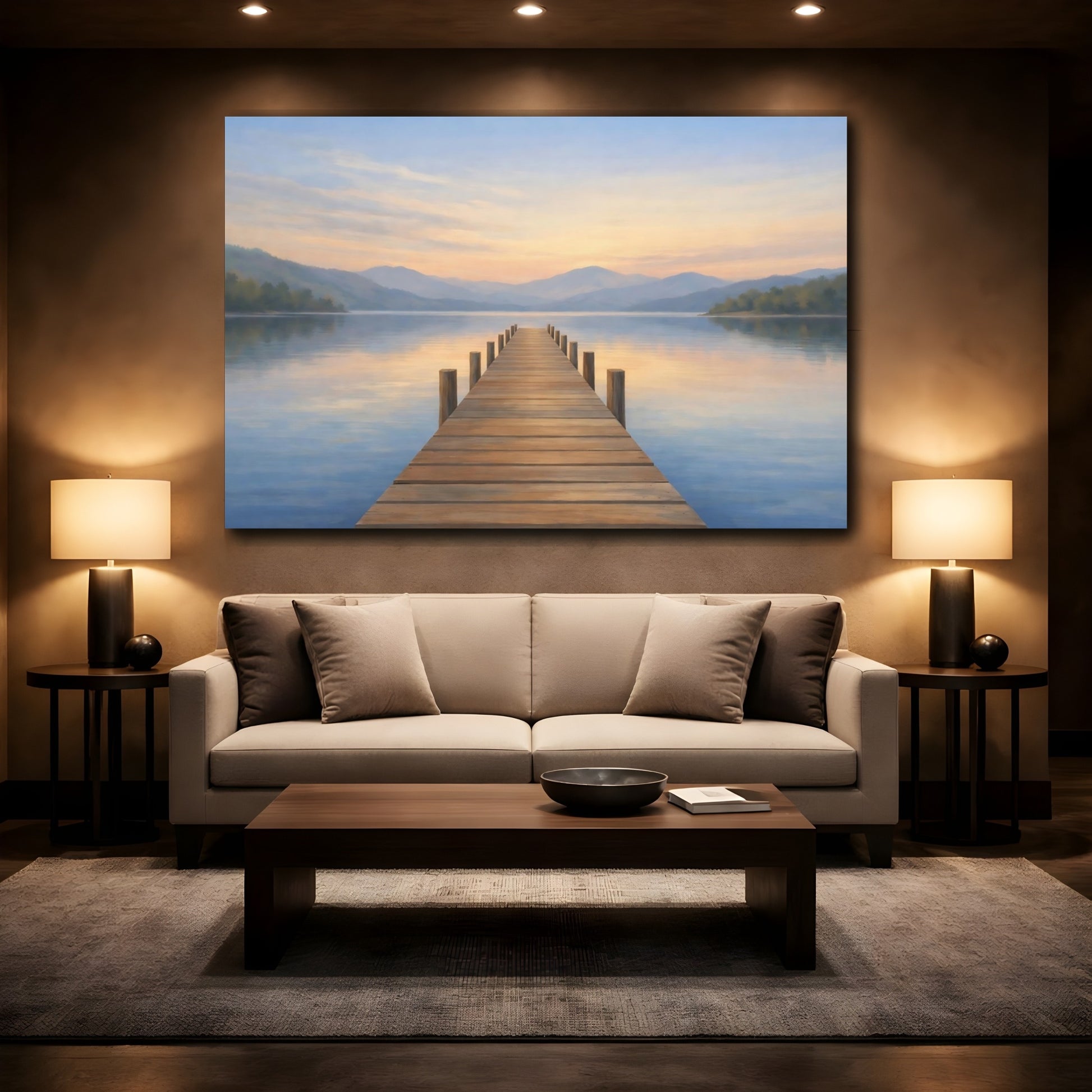Mockup 3. Nature Lake Dock Pastel Lake Dock shown as stretched canvas wall art