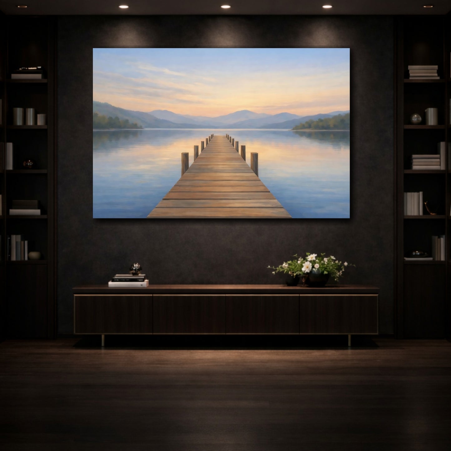 Mockup 4. Nature Lake Dock Pastel Lake Dock shown as stretched canvas wall art