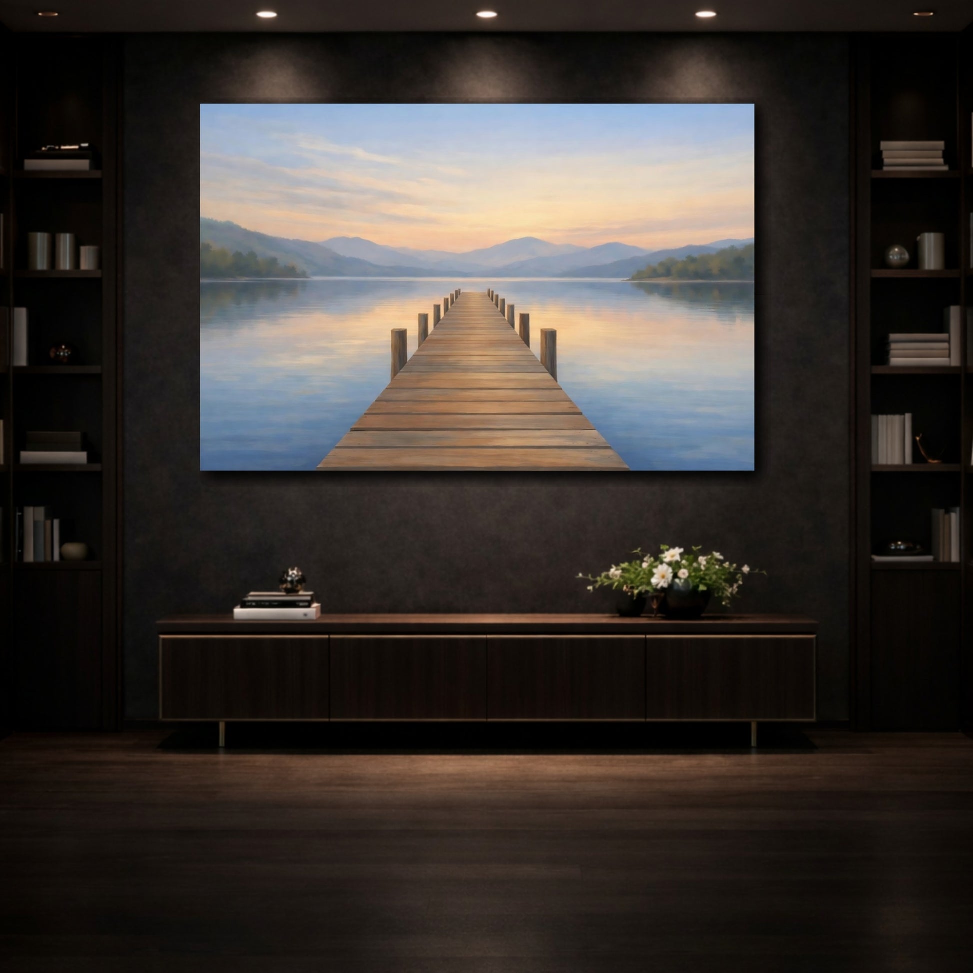Mockup 4. Nature Lake Dock Pastel Lake Dock shown as stretched canvas wall art