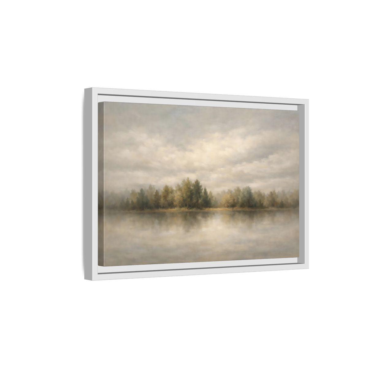 Side Mockup 4. Nature Lake Forest Muted Landscape shown as stretched canvas wall art