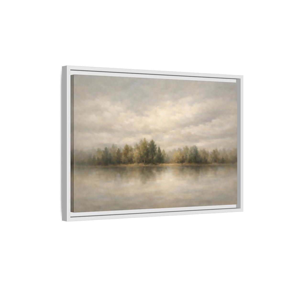 Side Mockup 1. Nature Lake Forest Muted Landscape shown as stretched canvas wall art