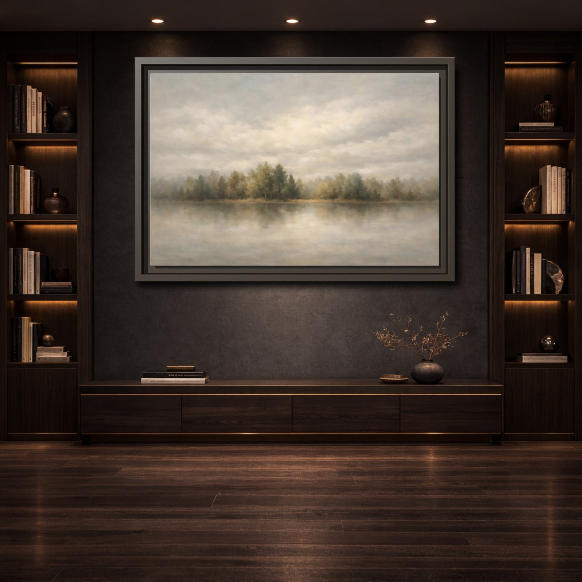 Mockup 3. Nature Lake Forest Muted Landscape shown as stretched canvas wall art