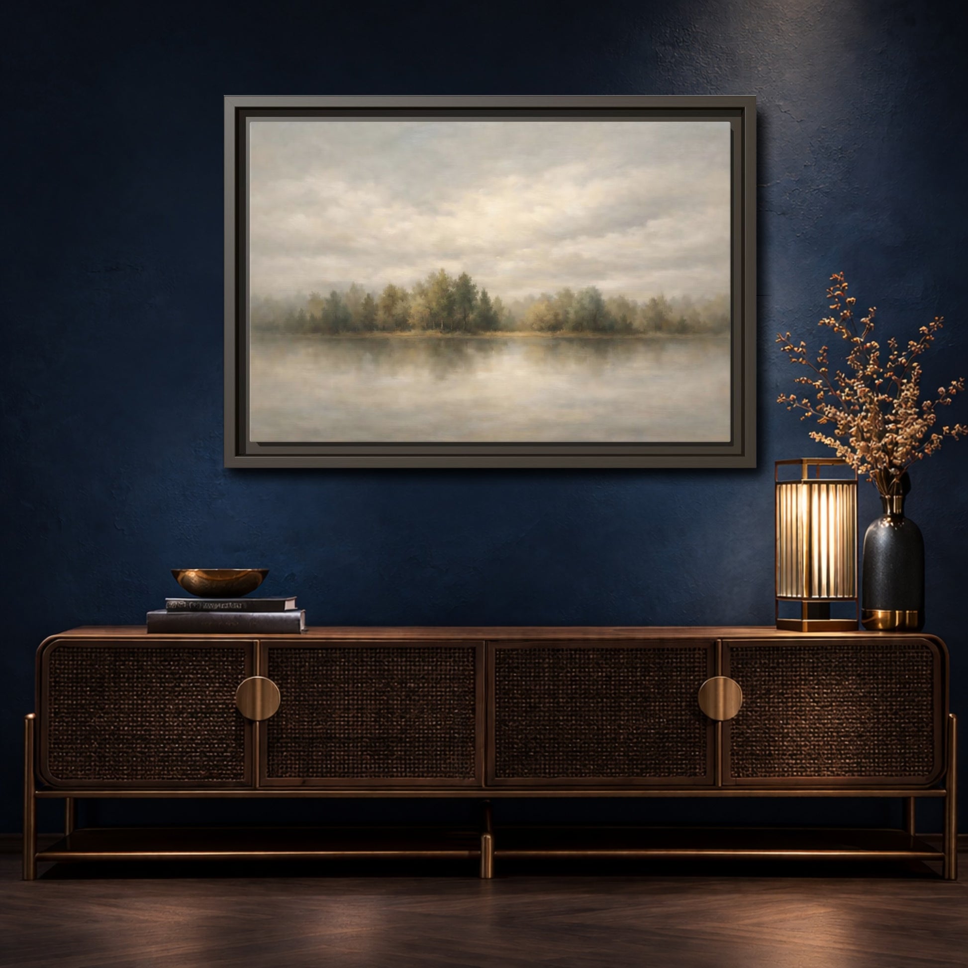 Mockup 4. Nature Lake Forest Muted Landscape shown as stretched canvas wall art