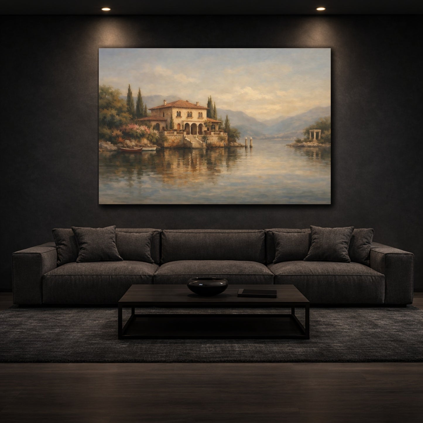 Mockup 2. Nature Lake House Mediterranean Landscape shown as stretched canvas wall art
