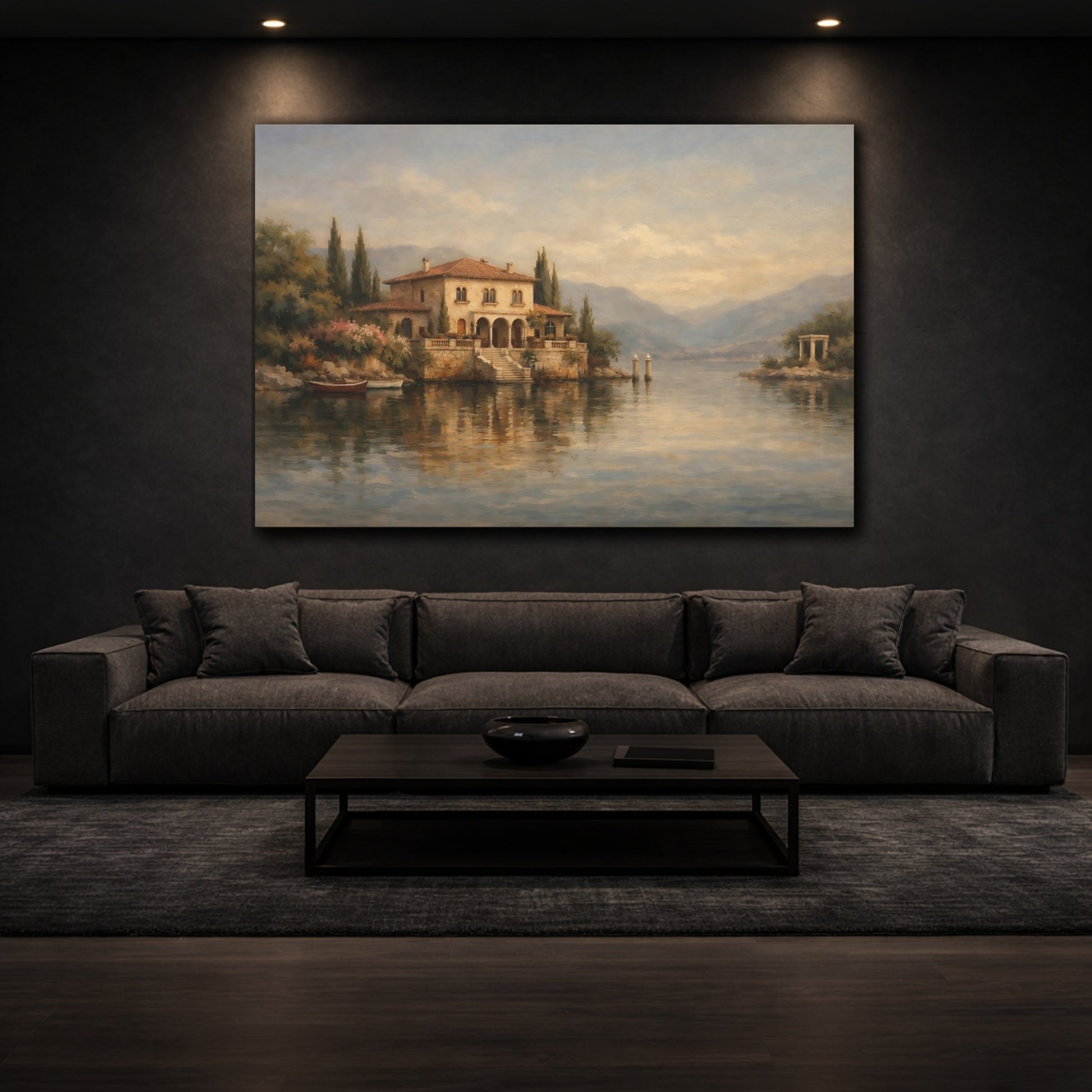 Mockup 2. Nature Lake House Mediterranean Landscape shown as stretched canvas wall art