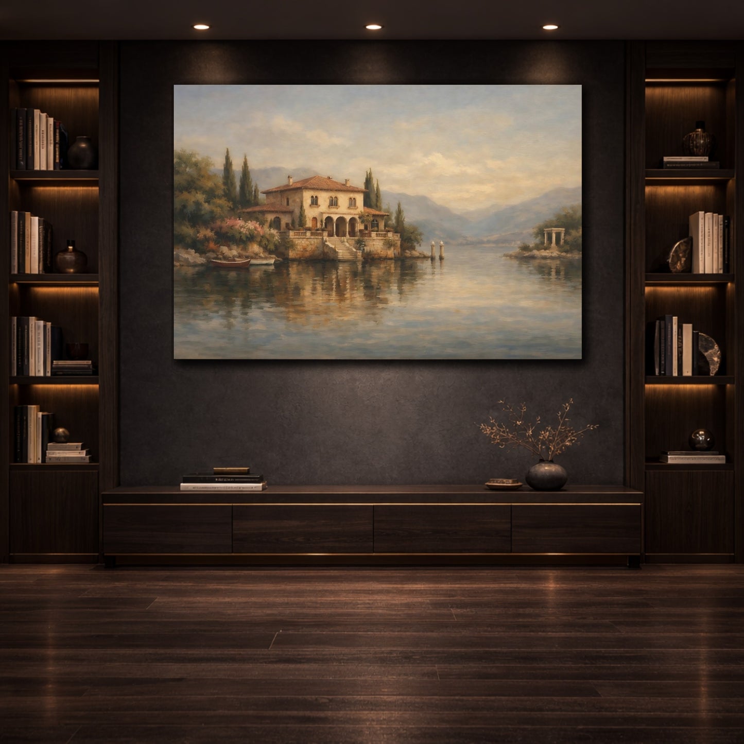 Mockup 3. Nature Lake House Mediterranean Landscape shown as stretched canvas wall art