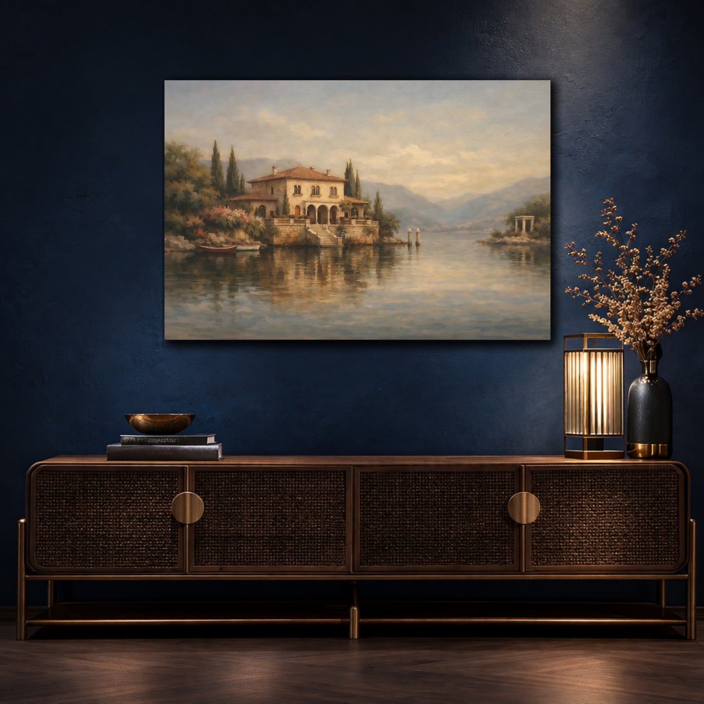 Mockup 4. Nature Lake House Mediterranean Landscape shown as stretched canvas wall art