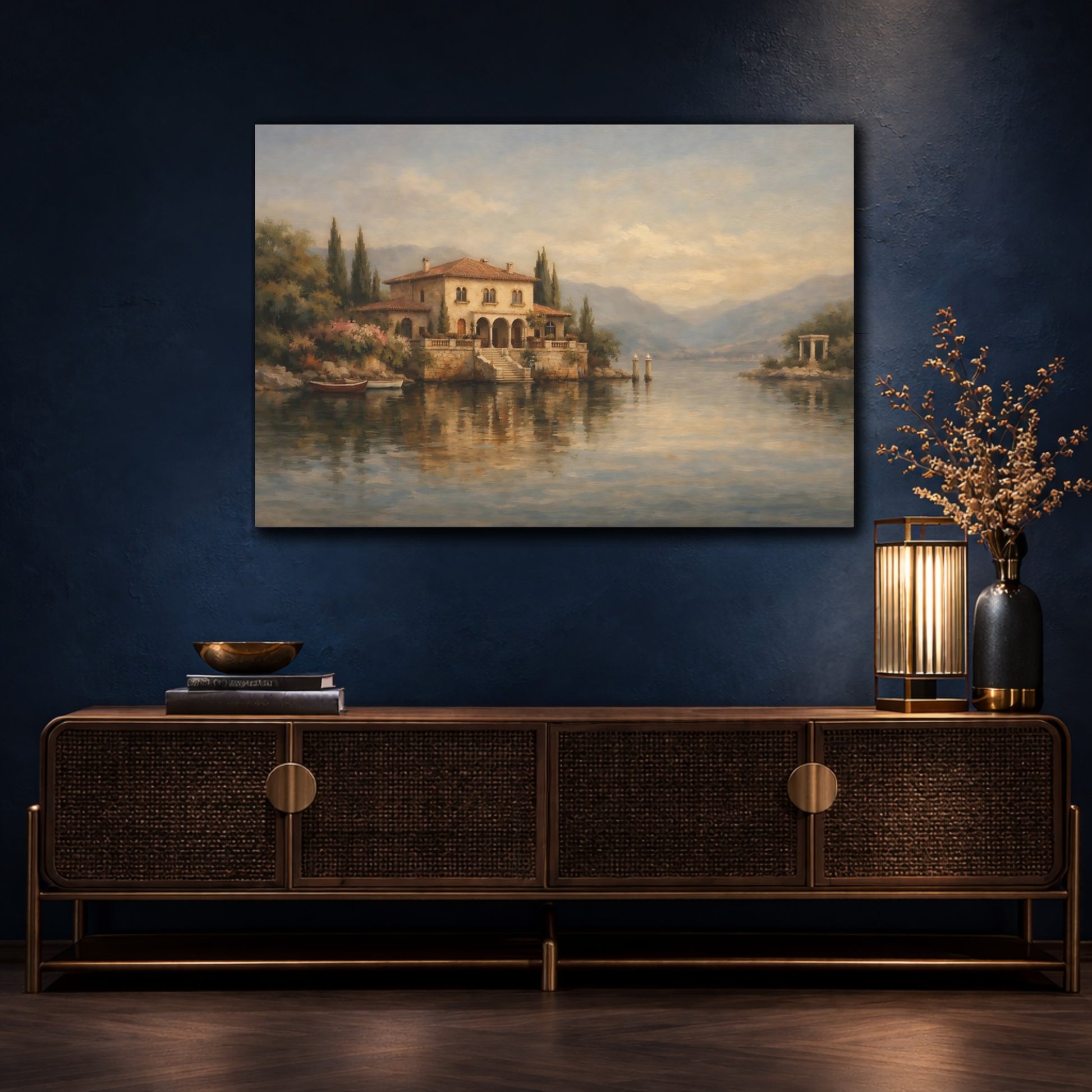 Mockup 4. Nature Lake House Mediterranean Landscape shown as stretched canvas wall art