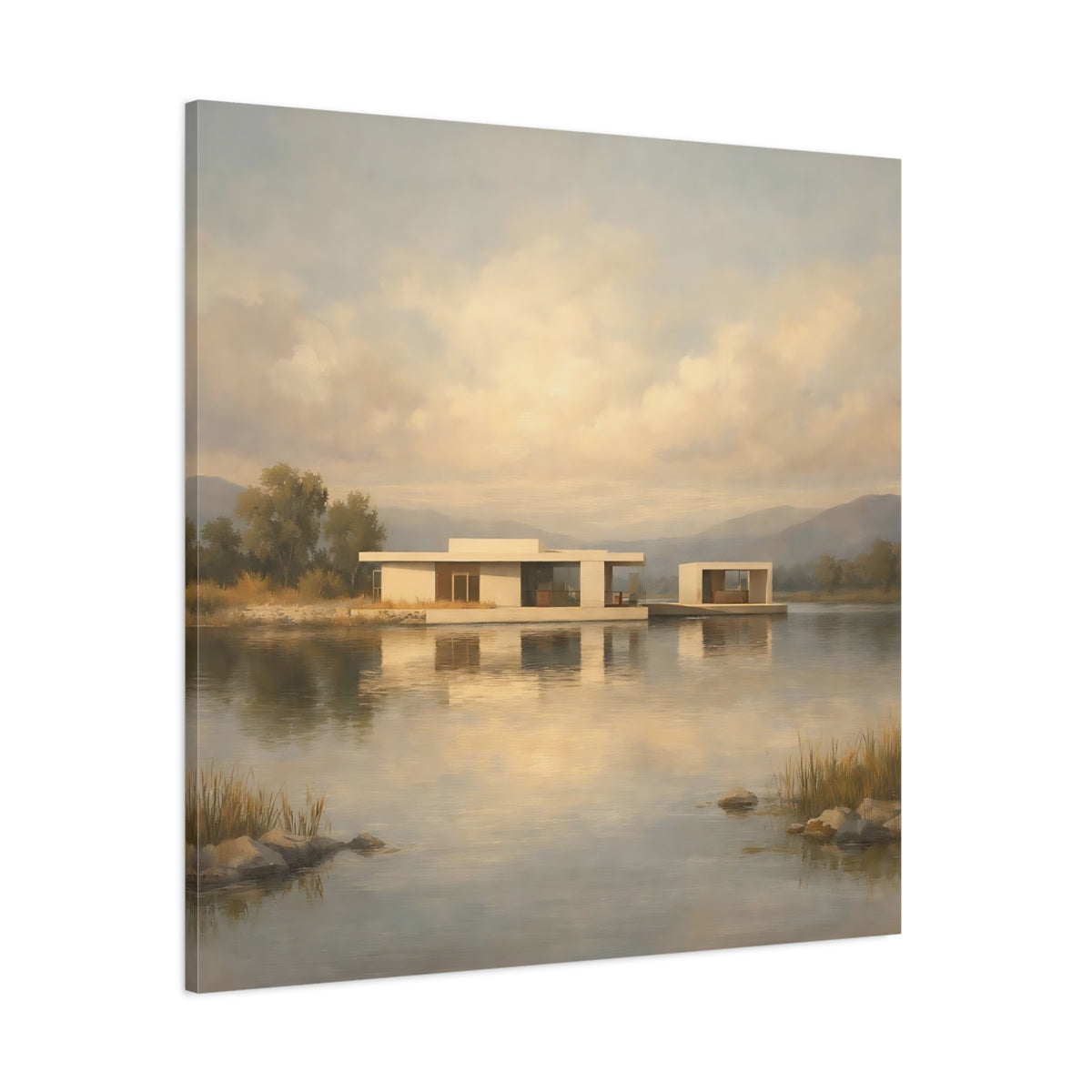 Main Mockup. Nature Lake House Modern Lake House View shown as stretched canvas wall art